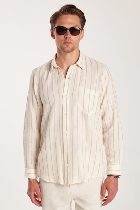 Regular Fit Klasik Kesim Oversize Keten Görünüm Pamuklu Çizgili Dökümlü Rahat Cepli Spor Gömlek
