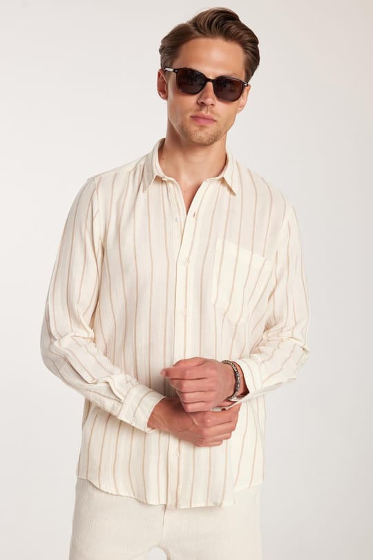 Regular Fit Klasik Kesim Oversize Keten Görünüm Pamuklu Çizgili Dökümlü Rahat Cepli Spor Gömlek
