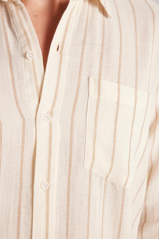 Regular Fit Klasik Kesim Oversize Keten Görünüm Pamuklu Çizgili Dökümlü Rahat Cepli Spor Gömlek