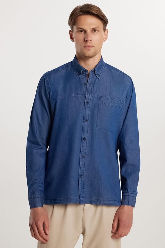 Regular Fit Rahat Kesim Cepli Denim Düğmeli Yaka Mavi Kot Gömlek
