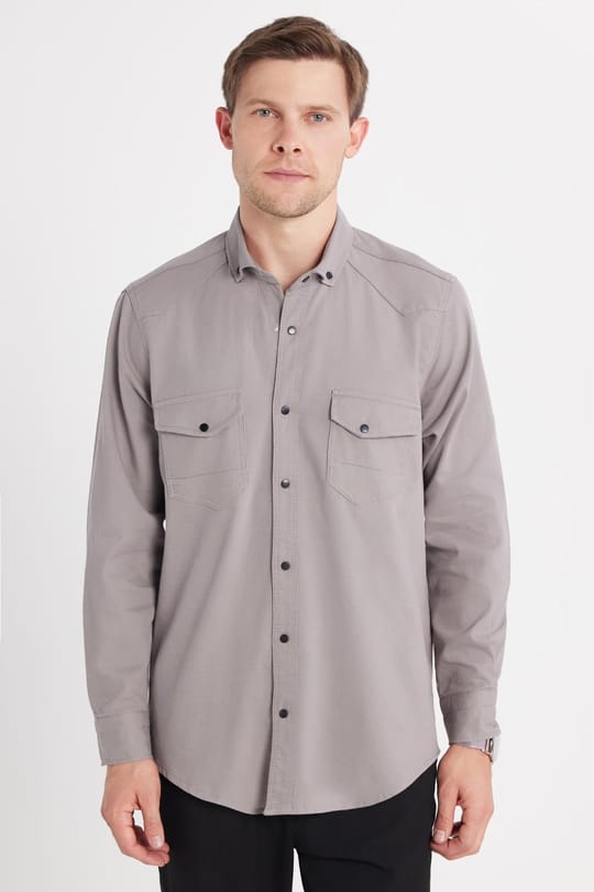 Erkek Regular Fit Rahat Kesim Çift Cepli Spor Yaka Denim Gri Gömlek