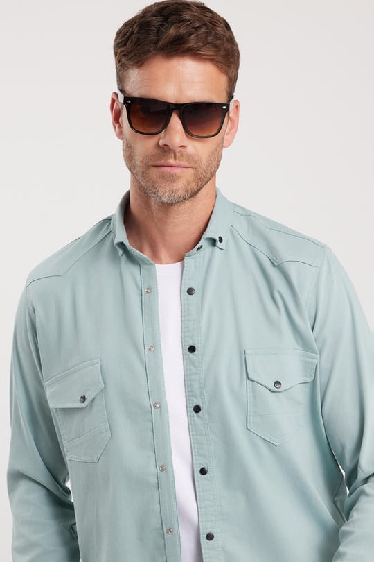 Erkek Regular Fit Rahat Kesim Çift Cepli Spor Yaka Denim Mint Gömlek