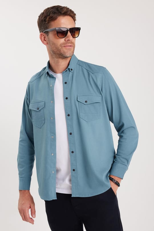Erkek Regular Fit Rahat Kesim Çift Cepli Spor Yaka Denim Petrol Gömlek