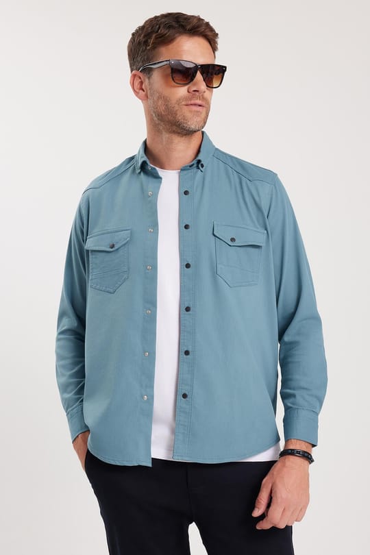 Erkek Regular Fit Rahat Kesim Çift Cepli Spor Yaka Denim Petrol Gömlek