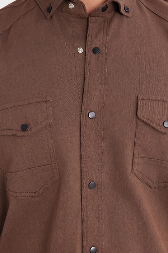 Erkek Regular Fit Rahat Kesim Çift Cepli Spor Yaka Denim Kahverengi Gömlek