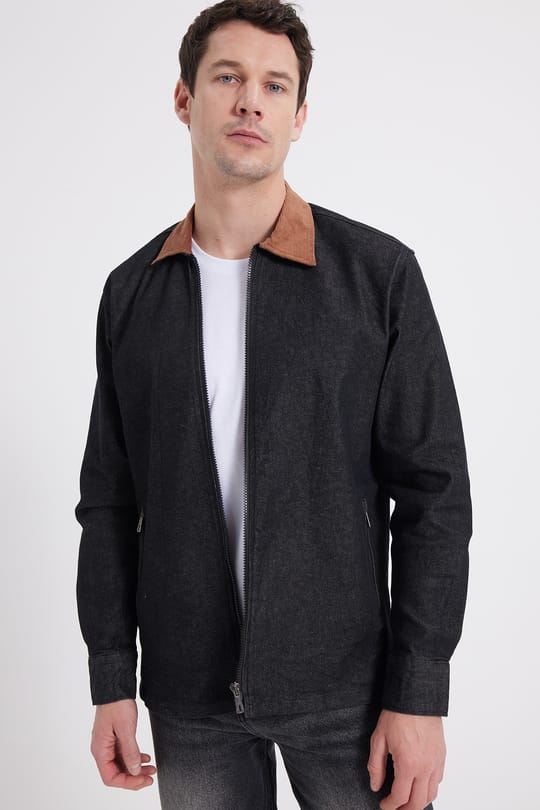 Erkek Regular Fit Rahat Kesim Kadife Yaka Fermuarlı Denim Siyah Ceket Gömlek