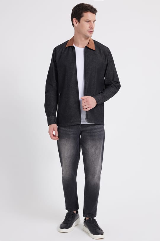 Erkek Regular Fit Rahat Kesim Kadife Yaka Fermuarlı Denim Siyah Ceket Gömlek