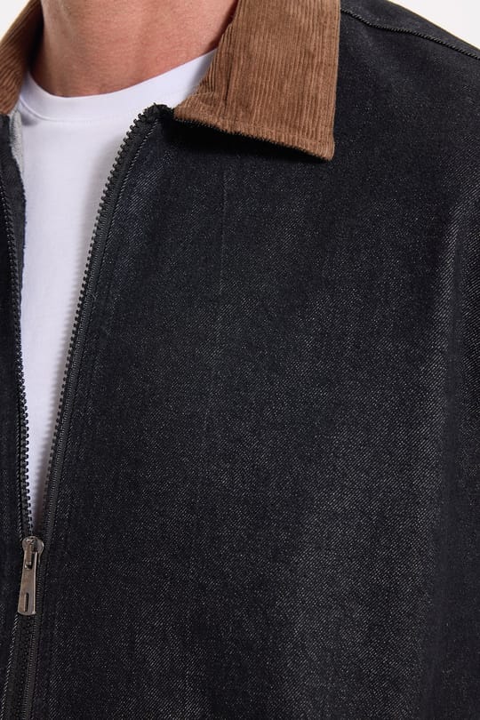 Erkek Regular Fit Rahat Kesim Kadife Yaka Fermuarlı Denim Siyah Ceket Gömlek