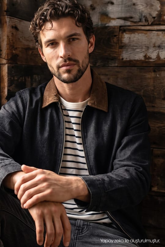 Erkek Regular Fit Rahat Kesim Kadife Yaka Fermuarlı Denim Siyah Ceket Gömlek