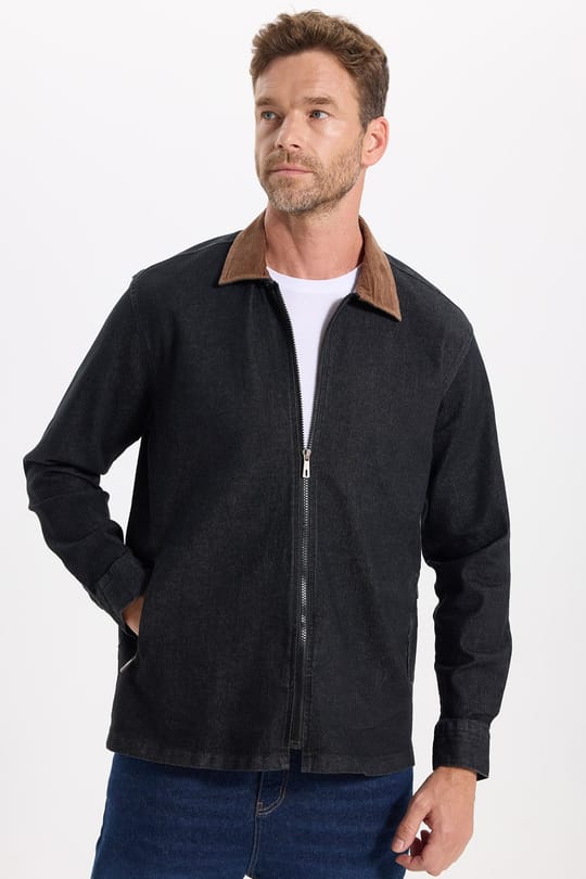 Erkek Regular Fit Rahat Kesim Kadife Yaka Fermuarlı Denim Siyah Ceket Gömlek