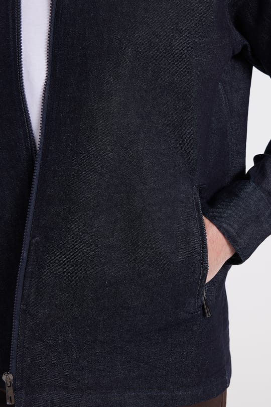 Erkek Regular Fit Rahat Kesim Kadife Yaka Fermuarlı Denim Lacivert Ceket Gömlek