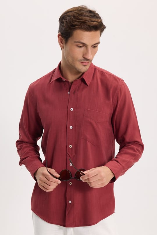 Erkek Regular Fit Rahat Kesim Cepli Keten Efektli Düz Bordo Gömlek