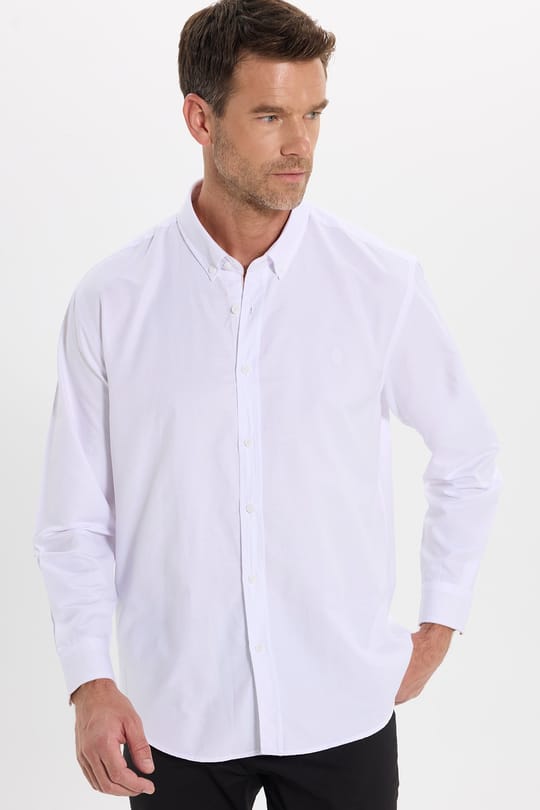 Regular Fit Rahat Kesim Oxford Doku Uzun Kollu Düğmeli Yaka Pamuklu Beyaz Erkek Gömlek