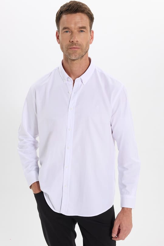 Regular Fit Rahat Kesim Oxford Doku Uzun Kollu Düğmeli Yaka Pamuklu Beyaz Erkek Gömlek