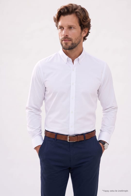 Regular Fit Rahat Kesim Oxford Doku Uzun Kollu Düğmeli Yaka Pamuklu Beyaz Erkek Gömlek