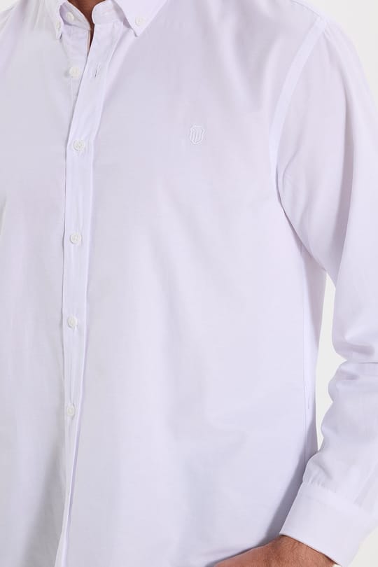 Regular Fit Rahat Kesim Oxford Doku Uzun Kollu Düğmeli Yaka Pamuklu Beyaz Erkek Gömlek