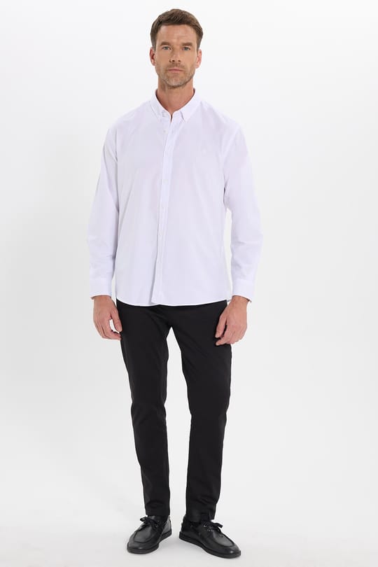 Regular Fit Rahat Kesim Oxford Doku Uzun Kollu Düğmeli Yaka Pamuklu Beyaz Erkek Gömlek