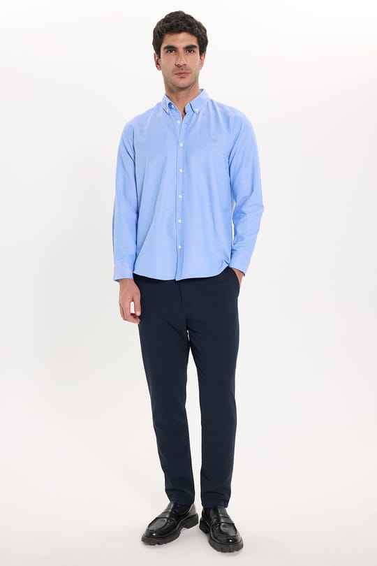 Regular Fit Rahat Kesim Oxford Doku Uzun Kollu Düğmeli Yaka Pamuklu Mavi Renk Erkek Gömlek