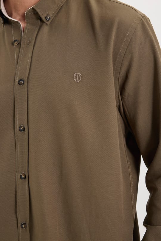 Regular Fit Rahat Kesim Oxford Doku Uzun Kollu Düğmeli Yaka Pamuklu Haki Erkek Gömlek