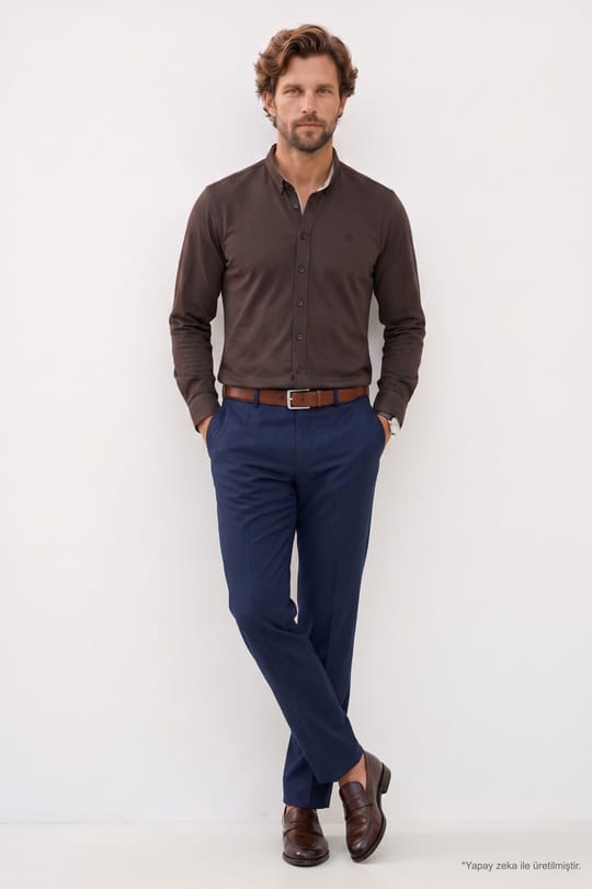 Regular Fit Rahat Kesim Oxford Doku Uzun Kollu Düğmeli Yaka Pamuklu Koyu Kahve Erkek Gömlek