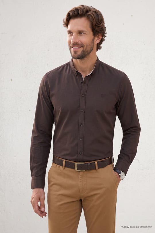 Regular Fit Rahat Kesim Oxford Doku Uzun Kollu Düğmeli Yaka Pamuklu Koyu Kahve Erkek Gömlek