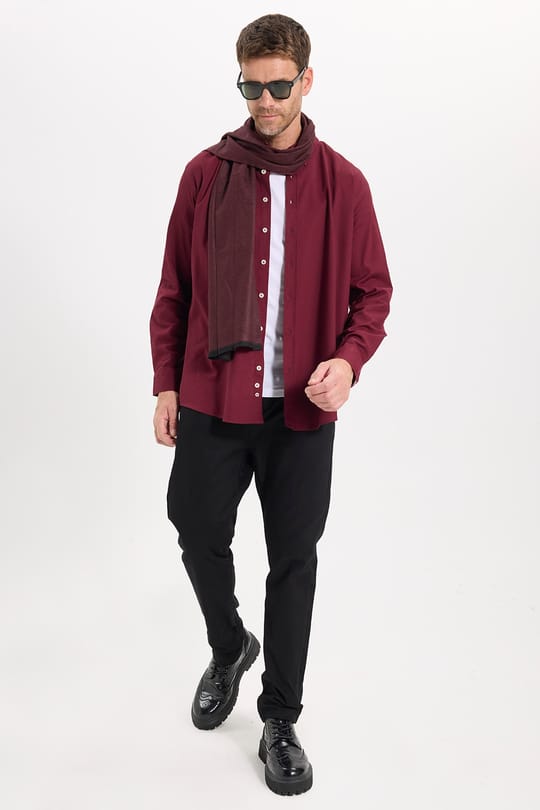Erkek Regular Fit Rahat Kesim Kadife Doku Düz Yaka Düğmeli Premium Bordo Gömlek
