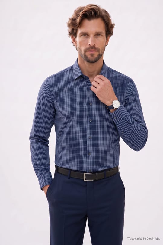 Erkek Regular Fit Rahat Kesim Uzun Kollu Kolay Ütülenebilir Pötikareli Lacivert Gömlek