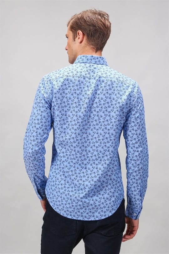 Slim Fit Uzun Kollu Pamuklu Kolay Ütü Desenli Erkek Mavi Gömlek