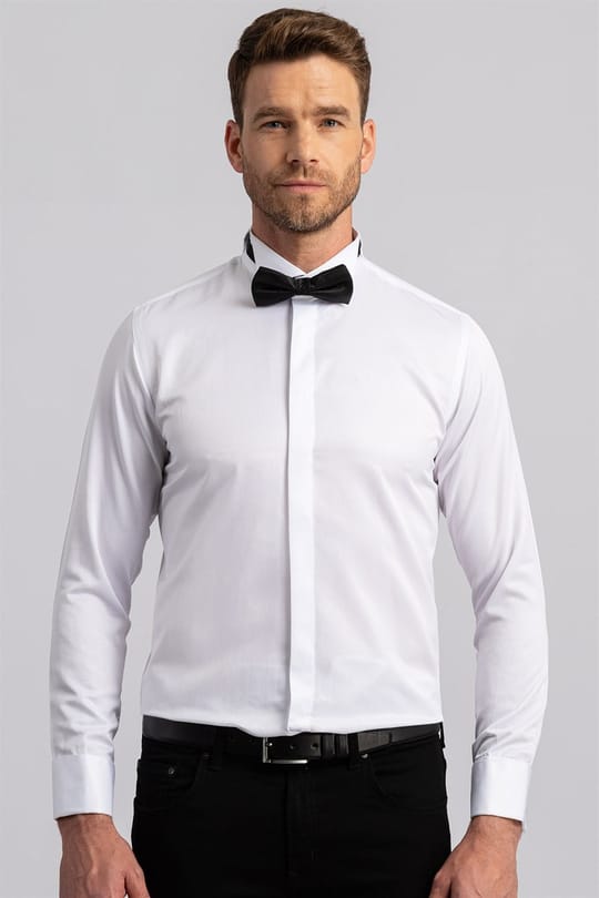 Slim Fit Uzun Kollu Ata Yaka Gizli Düğmeli Beyaz Erkek Gömlek