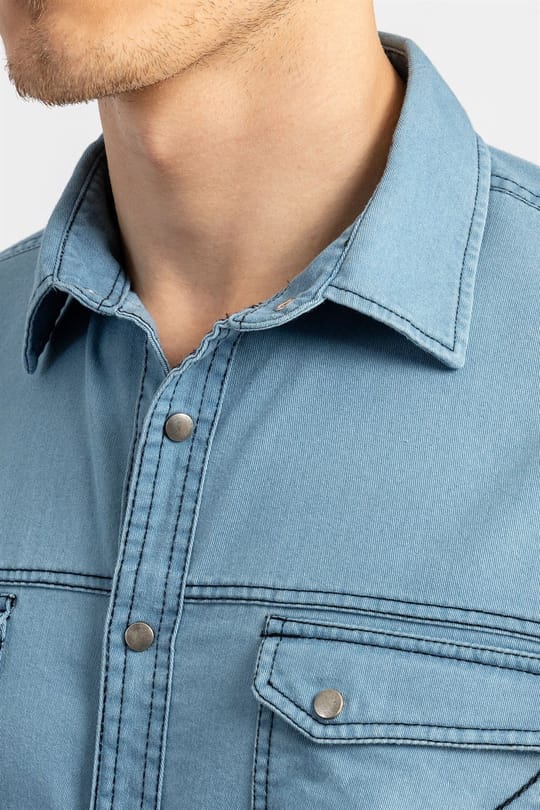 Slim Fit Uzun Kollu Çift Parça Dikiş Cep Erkek Mavi Gömlek