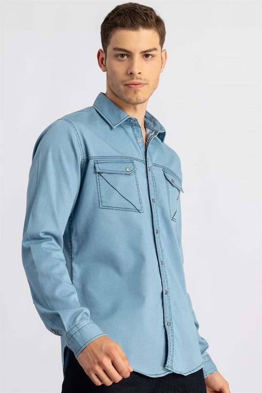 Slim Fit Uzun Kollu Çift Parça Dikiş Cep Erkek Mavi Gömlek