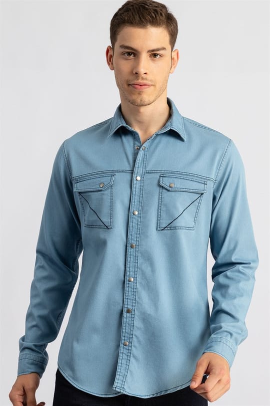 Slim Fit Uzun Kollu Çift Parça Dikiş Cep Erkek Mavi Gömlek