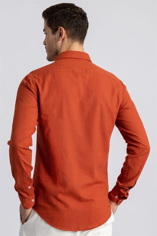 Slim Fit Uzun Kollu Dar Kesim Flamlı Pamuk Keten Erkek Gömlek