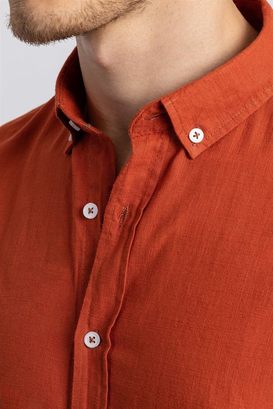 Slim Fit Uzun Kollu Dar Kesim Flamlı Pamuk Keten Erkek Gömlek