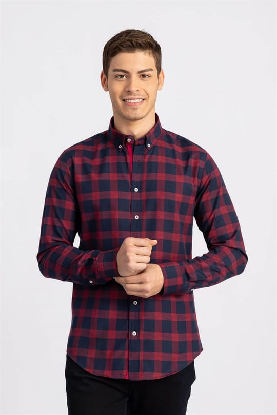 Slim Fit Uzun Kollu Düğmeli Yaka Kareli Pamuklu Kolay Ütü Erkek Gömlek
