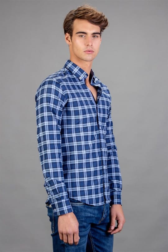 Slim Fit Uzun Kollu Düğmeli Yaka Kareli Pamuklu Kolay Ütü Erkek Gömlek