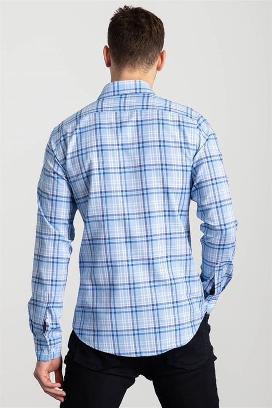 Slim Fit Uzun Kollu Kareli Pamuklu Kolay Ütü Erkek Mavi Gömlek