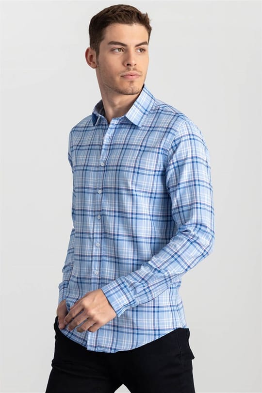 Slim Fit Uzun Kollu Kareli Pamuklu Kolay Ütü Erkek Mavi Gömlek