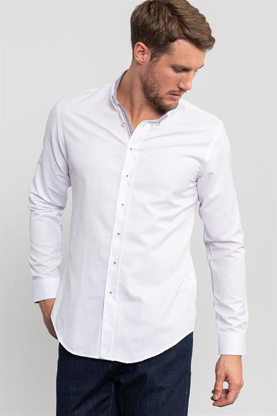 Slim Fit Uzun Kollu Düğmeli Yaka Düz Spor Erkek Gömlek