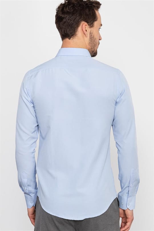 Slim Fit Uzun Kollu Pamuklu Kolay Ütülenebilir Erkek Mavi Gömlek