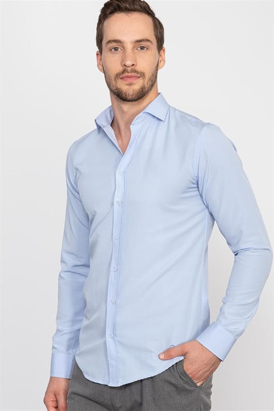 Slim Fit Uzun Kollu Pamuklu Kolay Ütülenebilir Erkek Mavi Gömlek