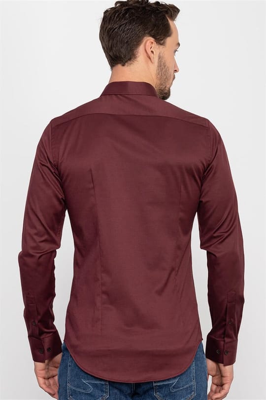 Slim Fit Uzun Kollu Likralı Düz Pamuk Saten Erkek Bordo Gömlek