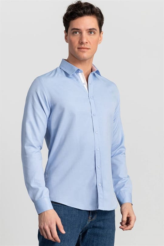 Slim Fit Uzun Kollu Pamuklu Kolay Ütü Düz Erkek Mavi Gömlek