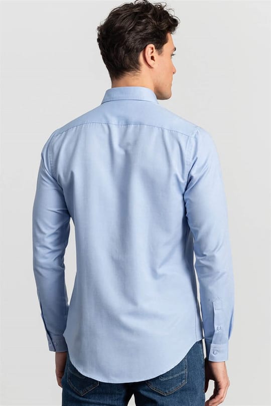 Slim Fit Uzun Kollu Pamuklu Kolay Ütü Düz Erkek Mavi Gömlek