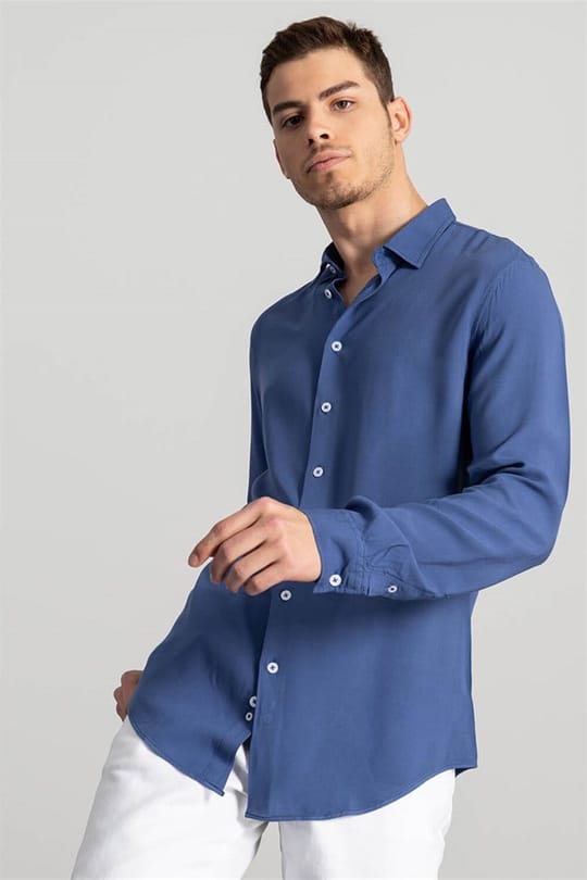Slim Fit Uzun Kollu Dar Kesim Rahat Kullanım Düz Viskon Erkek Mavi Gömlek
