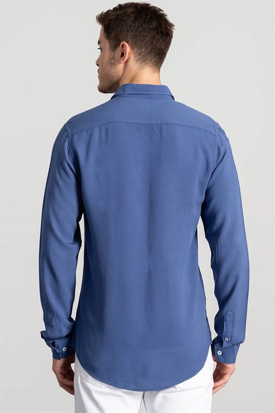 Slim Fit Uzun Kollu Dar Kesim Rahat Kullanım Düz Viskon Erkek Mavi Gömlek