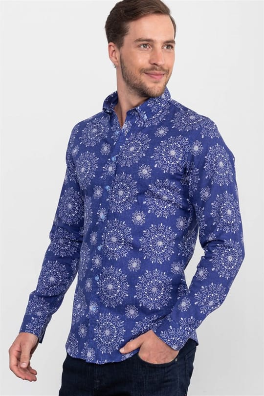 Erkek Slim Fit Dar Kesim Uzun Kollu %100 Pamuk Keten Doku Baskılı Sax Mavi Gömlek