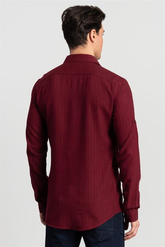 Slim Fit Uzun Kollu Çizgili Viskon Erkek Bordo Gömlek