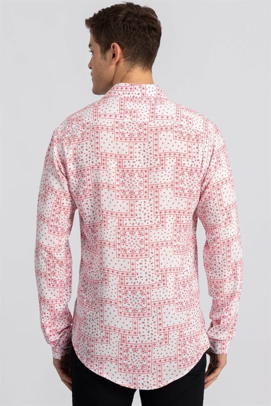 Slim Fit Uzun Kollu Rahat Kullanım Baskılı Viskon Erkek Beyaz Gömlek