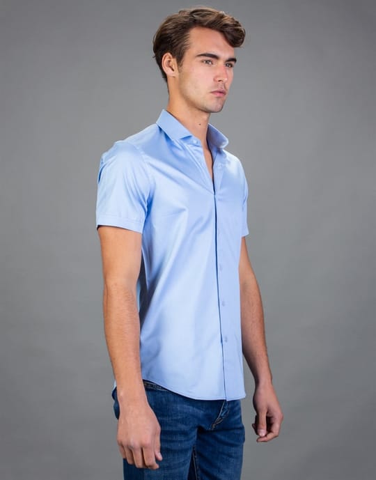 Slim Fit Kısa Kollu Düz Erkek Mavi Gömlek